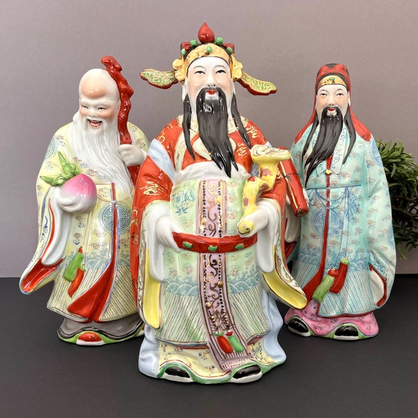 Fu Lu Shou Chinesische Gottstatuen, Porzellanfiguren groß, Vintage chinesische Porzellanhaushaltsgottstatuen, asiatisches Dekor