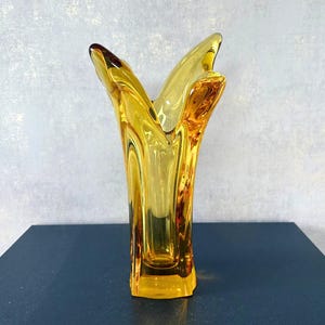 Vintage Art Deco Czech Glass Vase, Yellow Crystal Vase, Handcrafted Mid-Century Bohemian Glass Vase 1980s, Elegant Decor