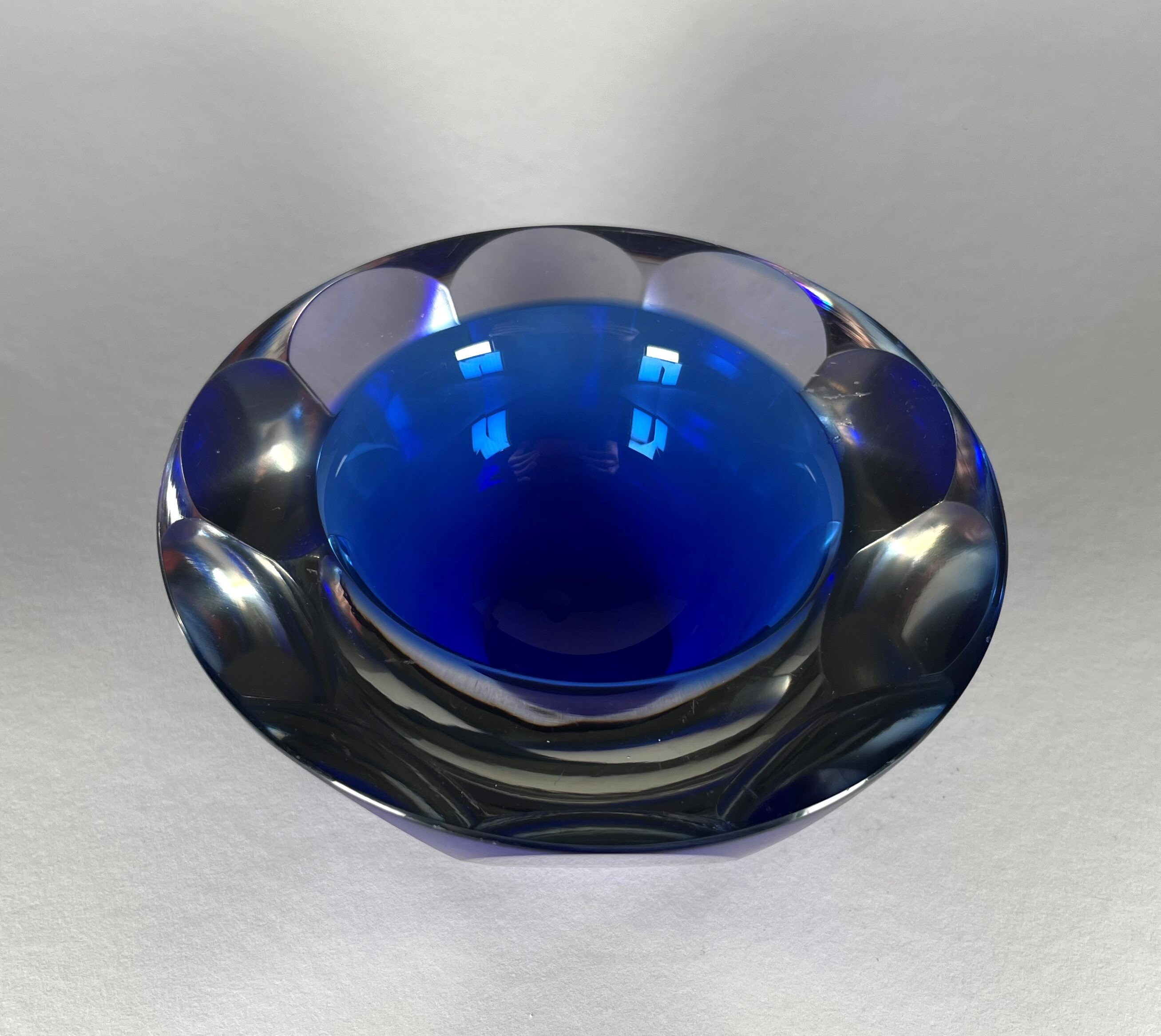 Vintage Murano Style Blue Glass Ashtray, Art Glass Bowl, Crystal Glass, Mid Century Art Deco