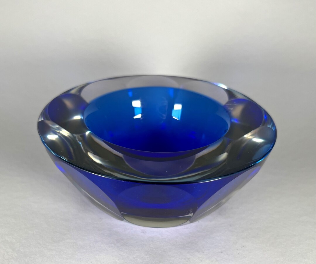 Vintage Murano Style Blue Glass Ashtray, Art Glass Bowl, Crystal Glass, Mid Century Art Deco