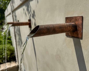 Handmade Copper Garden Fountain Spout with Wall Plate, Water Feature / Pond Spout, 230mm Projection, 35mm Pipe ONE SPOUT ONLY