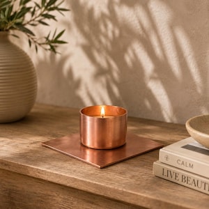May include: A cylindrical copper candle holder with a lit candle inside, resting on a square copper base. The metal has a warm, metallic finish. The candle flame is visible, casting a soft glow against the polished copper surface of the holder.