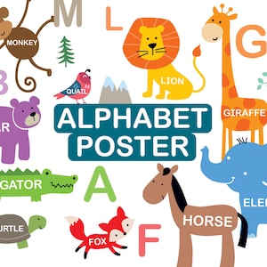Póster con alfabeto de animales, arte de pared para habitación de bebés y niños, guardería infantil, decoración de sala de juegos para niños pequeños, pared de guardería, impresiones de arte de pared educativo