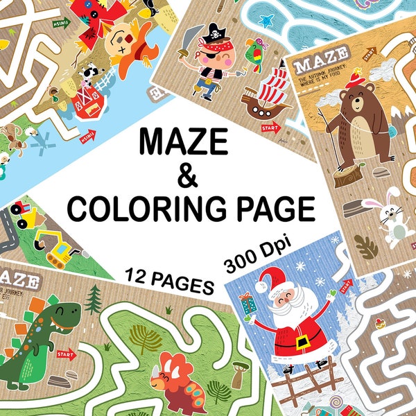Maze & Coloring activity book, Printable maze and coloring pages for kids set of 12, Busy book for toddlers, maze games and coloring pages