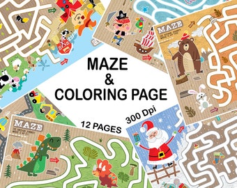 Maze & Coloring activity book, Printable maze and coloring pages for kids set of 12, Busy book for toddlers, maze games and coloring pages