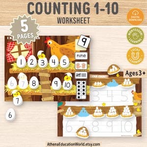 May include: Educational worksheet for children aged 3+ featuring counting from 1 to 10. The design includes illustrations of eggs, chicks, and a hen, with the numbers displayed on eggs. The worksheet is designed for Montessori learning.