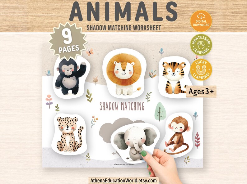 Puede incluir: Una hoja de trabajo de emparejamiento de sombras para ni&ntilde;os, con ilustraciones de animales, adecuada para ni&ntilde;os de 3 a&ntilde;os o m&aacute;s. Incluye un gorila, un le&oacute;n, un tigre, un leopardo, un elefante y un mono. El t&iacute;tulo "ANIMALES" est&aacute; en la parte superior.