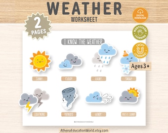 May include: A children's weather worksheet featuring illustrations of sunny, cloudy, rainy, and snowy weather conditions. The worksheet, suitable for ages 3+, includes the text "I Know The Weather" and is labeled "2 Pages".