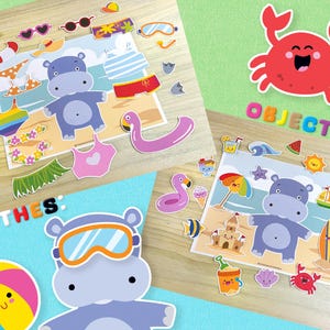 May include: A colorful summer-themed playset with various cutouts, including a hippo, beach accessories, swimwear, and the word "OBJECTS". The set features a beach scene with a hippo, a crab, and other beach-related items.
