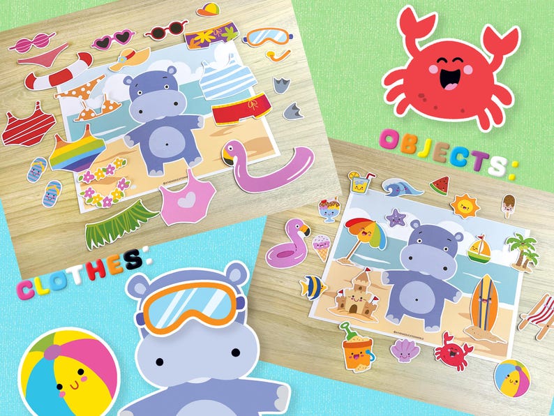 May include: A colorful summer-themed playset with various cutouts, including a hippo, beach accessories, swimwear, and the word "OBJECTS". The set features a beach scene with a hippo, a crab, and other beach-related items.