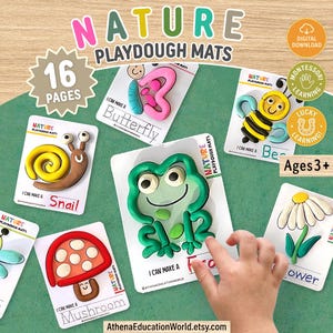 May include: A set of 16 Nature Playdough Mats featuring colourful clay figures of a butterfly, bee, snail, frog, dragonfly, mushroom, and flower. Each white card includes the text I CAN MAKE A followed by the name of the nature-themed object.