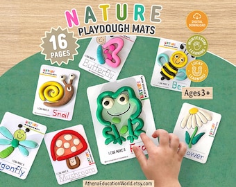 May include: A set of 16 Nature Playdough Mats featuring colourful clay figures of a butterfly, bee, snail, frog, dragonfly, mushroom, and flower. Each white card includes the text I CAN MAKE A followed by the name of the nature-themed object.