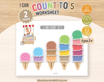 May include: A printable educational worksheet titled I CAN COUNT TO 5 featuring an ice cream cart illustration and five ice cream cones with increasing scoops from one to five, labeled with numbers one through five, and text indicating 2 pages.