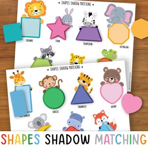 May include: A printable worksheet for children to learn about shapes. The worksheet features colourful cartoon animals holding different shapes, including a square, star, trapezium, octagon, rectangle, circle, triangle, and heart. The worksheet is titled "Shapes Shadow Matching".