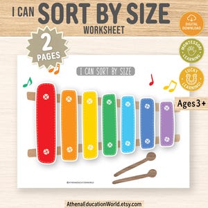 Op de afbeelding: Een digitaal werkblad getiteld I CAN SORT BY SIZE met een illustratie van een kleurrijke xylofoon met rode, oranje, gele, groene, blauwe, indigo en paarse staven, twee houten hamers, muzieknoten en badges die 2 pagina's en 3+ jaar aangeven.