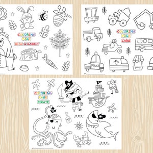 May include: Three black and white coloring pages. The first page features a bear, rabbit, and other woodland creatures. The second page features a variety of cars, including a truck, a bus, and a police car. The third page features a pirate, an octopus, a shark, and other nautical creatures. Each page has the words "Coloring Page" and the theme of the page.
