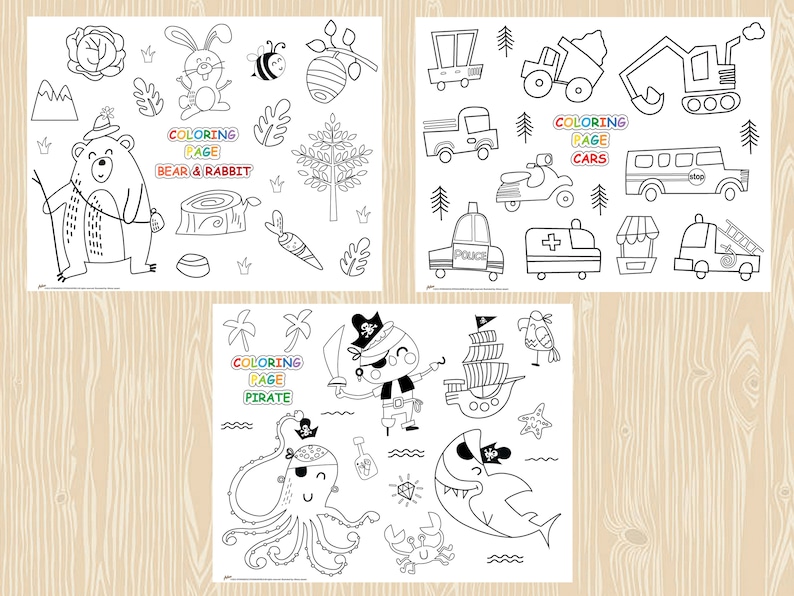 May include: Three black and white coloring pages. The first page features a bear, rabbit, and other woodland creatures. The second page features a variety of cars, including a truck, a bus, and a police car. The third page features a pirate, an octopus, a shark, and other nautical creatures. Each page has the words "Coloring Page" and the theme of the page.