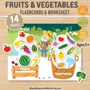 May include: Educational flashcards and worksheet with illustrations of fruits and vegetables. The image shows a farmer, a wooden crate labelled "Fruits," and a basket labelled "Vegetables." The product is for ages 3+.
