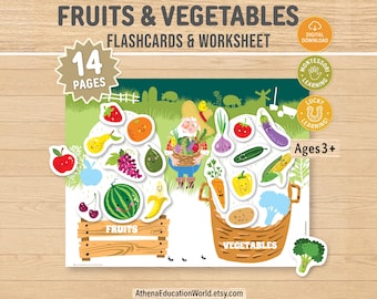 Fruits and Vegetables Flashcards | Montessori Nomenclature Cards PDF | Toddler Matching Worksheet Game | Preschool Learning Binder Printable