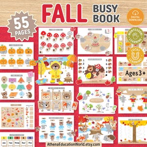 Op de afbeelding: Een 55-pagina tellend herfst-activiteitenboek als digitale download voor kinderen vanaf 3 jaar. De educatieve set bevat kleurrijke illustraties van pompoenen, bosdieren, paddenstoelen en seizoenthema's met tel-, match- en sorteerspellen.