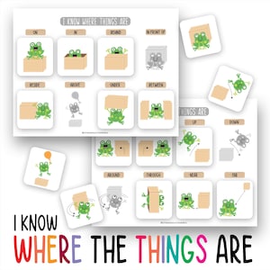Könnte beinhalten: Lehrreiche Illustrationen mit dem Text "I Know Where The Things Are". Die Abbildungen zeigen einen grünen Frosch und eine braune Kiste, die Präpositionen wie "auf", "in" und "hinter" veranschaulichen. Das farbenfrohe Design ist für das frühe Lernen geeignet.