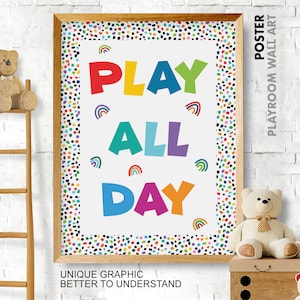 Arte de pared para jugar todo el día, decoración de pared para sala de juegos, decoración de pared para guardería, decoración de habitación para niños pequeños, arte de pared para niños, impresiones para sala de juegos, decoración de guardería, impresión divertida