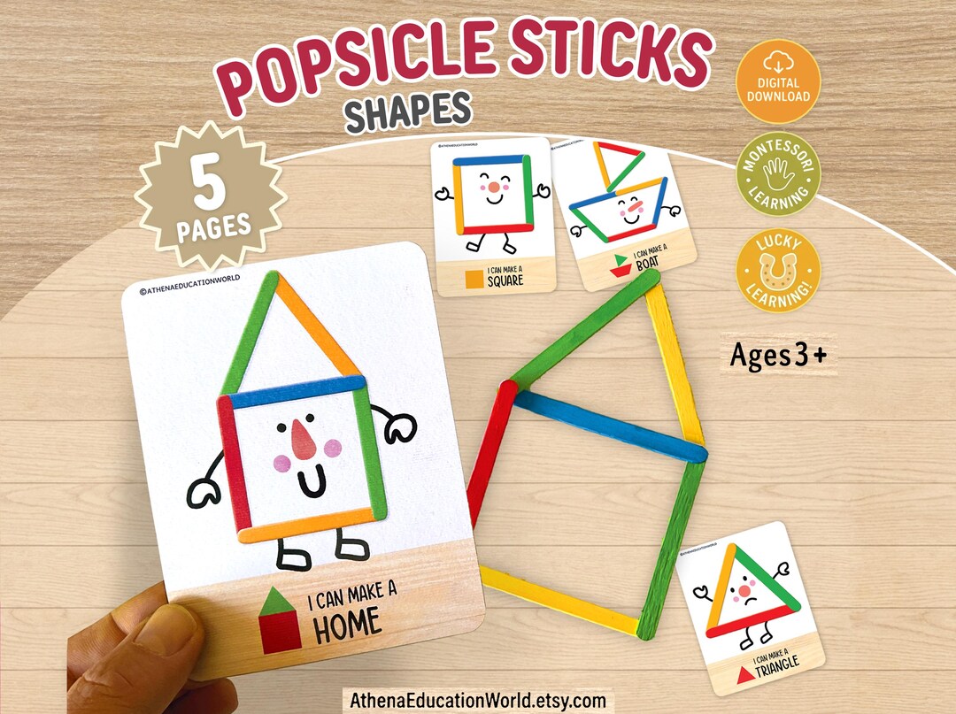 Popsicle Stick Shapes Activity Game, Montessori Printable Cards for ...