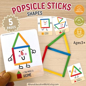 Könnte beinhalten: Ein Set von pädagogischen Aktivitätskarten mit dem Titel POPSICLE STICKS SHAPES, die bunte Illustrationen eines Quadrats, eines Bootes, eines Hauses und eines Dreiecks zeigen. Die Karten zeigen, wie man mehrfarbige Holzstäbchen anordnet, um diese Formen zu bilden, beschriftet mit Texten wie I CAN MAKE A HOME, I CAN MAKE A SQUARE, I CAN MAKE A BOAT und I CAN MAKE A TRIANGLE.