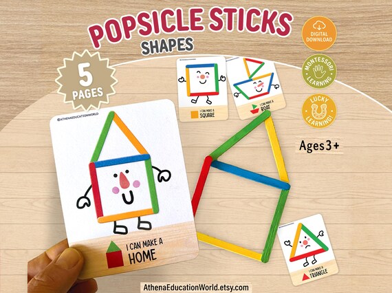 Popsicle Stick Shapes Activity Game, Montessori Printable Cards for Toddlers, Preschool Curriculum Worksheets, Fine Motor Skills Resources