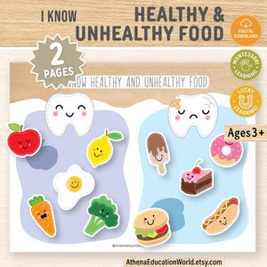 Può includere: Stampa educativa con illustrazioni di cibi sani e malsani. Include un dente felice con cibi sani come una mela e broccoli, e un dente triste con cibi malsani come una ciambella e un hot dog. Il testo recita "I Know Healthy & Unhealthy Food".