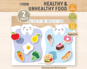 Healthy vs Unhealthy Food Sorting Printable for Kids, Tooth-Friendly Foods Activity, Nutrition Matching Game, Preschool Health Lesson