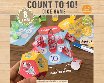 Könnte beinhalten: Ein farbenfrohes Würfelspiel mit Marienkäfer- und Bienenillustrationen, für Kinder ab 3 Jahren. Das Spiel beinhaltet einen Würfel und Karten mit Zahlen. Der Text "Count to 10!" und "Easy to Make" sind sichtbar.