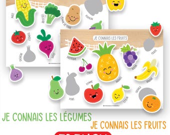 French Fruits and Vegetable Shadow Game, Fruits and Vegetables Matching, Preschool Activity, Preschool Worksheet, Montessori Education