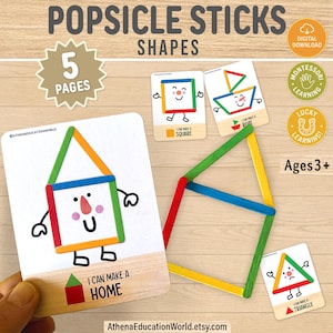 May include: Educational Popsicle Sticks Shapes learning cards with colourful illustrations. The image shows a house, square, and triangle made of popsicle sticks. The text on the cards reads "I can make a home", "Square", and "Triangle". The product is for ages 3+.