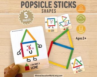 Popsicle Stick Shapes Activity Game, Montessori Printable Cards for Toddlers, Preschool Curriculum Worksheets, Fine Motor Skills Resources