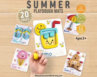 Zomerdeegmatten, afdrukbaar zomerwerkblad voor kleuters, strandafdrukbaar peuterprogramma, fijne motoriek handschriftoefening