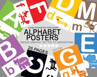 Affiche de l'alphabet imprimable grand format pour une utilisation en classe, art mural éducatif, décoration murale de la maternelle, affiche ABC préscolaire, art mural ABC