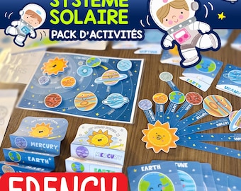 Aktivitetspaket för barn om det franska solsystemet, utskrivbar aktivitetsbok för planeter, förskola STEM-rymdinlärning, Montessori-hemundervisning PDF-nedladdning