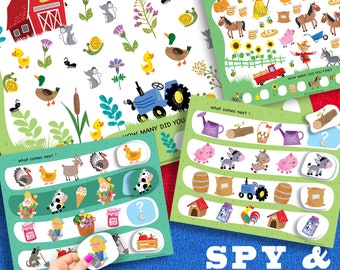 Farm Animals Spy and Patterns, Preschool Game, Velcro Game, Montessori Printable, Worksheet Printable,Toddler Activity,Fine motor skill