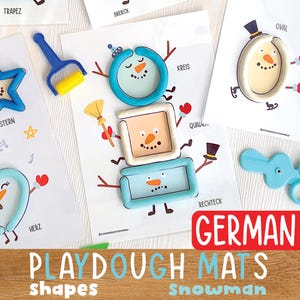 May include: A set of printable playdough mats featuring a snowman made of different shapes. The mats are labeled with the German words for each shape, such as "Kreis" for circle and "Rechteck" for rectangle. The mats are designed for children to use playdough to create the snowman.