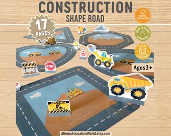Construction Shapes Activity | 2D Shape Tracing Mats | Toddler Fine Motor Truck Game | Preschool Road Matching Learning Binder PDF Pack