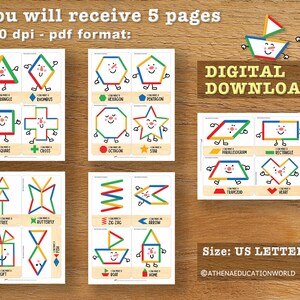 May include: A digital download set of 5 pages in PDF format featuring colorful geometric shape characters with faces. The cards display shapes like triangles, squares, and stars, with text labels such as Triangle, Rhombus, and Heart. Size: US Letter & A4.