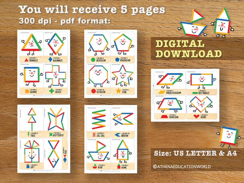 May include: A digital download set of 5 pages in PDF format featuring colorful geometric shape characters with faces. The cards display shapes like triangles, squares, and stars, with text labels such as Triangle, Rhombus, and Heart. Size: US Letter & A4.