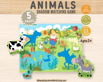 Bauernhof Tiere Schatten Matching Kleinkind Spiel, Kleinkinder Schatten Matching, Montessori Bildung, Beschäftigte Buch Seite drucken, Vorschulkind Matching Aktivität