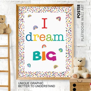 Arte de pared colorido y lindo para sala de juegos I Dream Big, decoración de pared para sala de juegos o guardería, decoración de habitación de niños pequeños, arte de pared para niños, impresiones para sala de juegos, impresiones para guardería