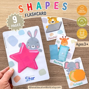 May include: A set of educational flashcards titled SHAPES FLASHCARD featuring illustrations of animals holding various shapes including a pink star, a grey parallelogram, a blue rectangle, and an orange octagon with the text Ages 3+ and 9 PAGES.