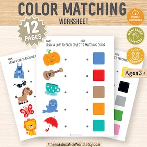 May include: Color matching worksheet with 12 pages. The worksheet features colorful illustrations of objects like a pumpkin, guitar, and umbrella. The text on the worksheet says "Draw a line to each object's matching color". The age range is Ages 3+.