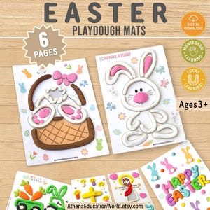 May include: Six Easter playdough mats featuring colourful illustrations of a basket, a bunny, carrots, and the text Happy Easter. The mats include educational icons for digital download, Montessori learning, lucky learning, and an age rating of 3+.