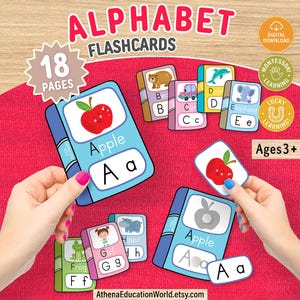 May include: Alphabet flashcards featuring 18 pages of colourful illustrations and letters. Each card displays a letter and a corresponding object like an apple, bear, car, dolphin, elephant, frog, girl, or hippo. Includes text labels and Ages 3+ badge.