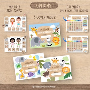 May include: Educational materials featuring interactive books with animal illustrations, multiple skin tone options, and a calendar. The books have covers with a giraffe, elephant, zebra, and lion. The calendar includes the months of the year.